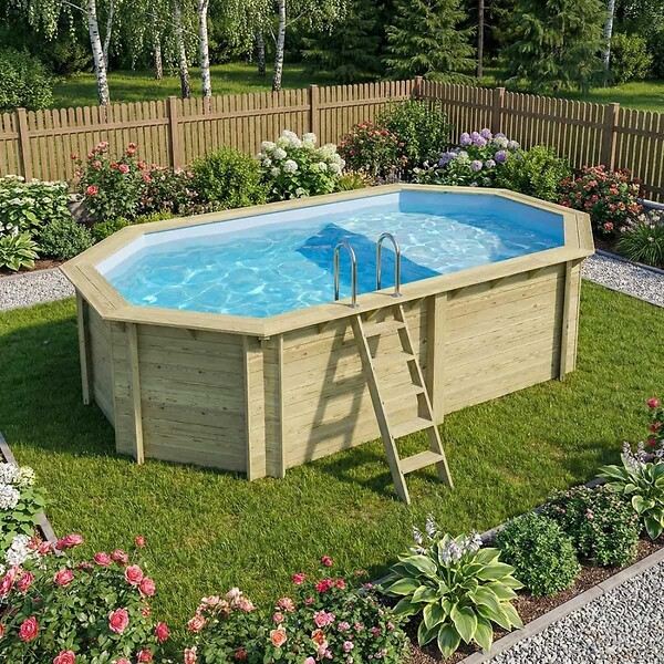 ALTANKA - Piscine hors sol en bois NEMO 5.79 x 3.49 - H.1.45 m avec plage, bleu pâle, fixations à sceller - BAS7304OSPI+PLA304 - large