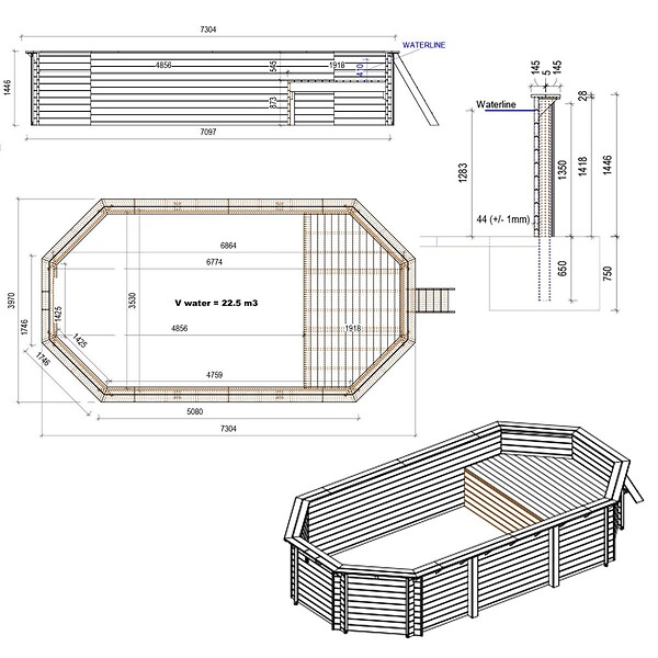 ALTANKA - Piscine hors sol en bois NEMO 7.3 x 3.97 - H.1.45 m avec plage, bleu pâle, cadre en métal - sans dalle - BAS7305OSPU+PLA305 - large