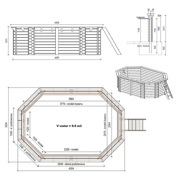 ALTANKA - Piscine hors sol en bois NEMO 4.3 x 3 - H.1.31 m, gris clair, fixations à sceller - BAS7303OSPI2 - large
