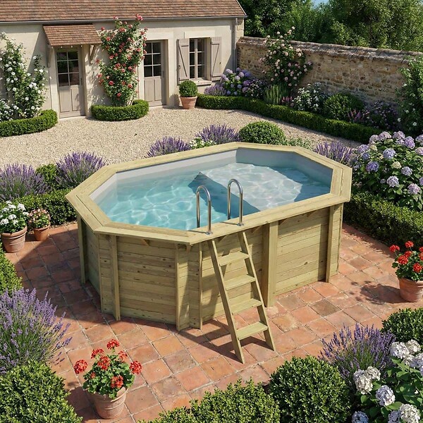 ALTANKA - Piscine hors sol en bois NEMO 4.3 x 3 - H.1.31 m avec plage, gris clair, fixations à sceller - BAS7303OSPI2+PLA303 - large