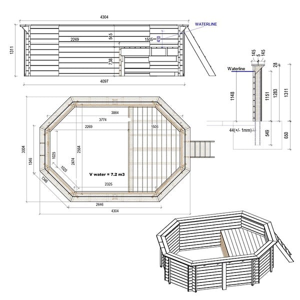 ALTANKA - Piscine hors sol en bois NEMO 4.3 x 3 - H.1.31 m avec plage, gris clair, fixations à sceller - BAS7303OSPI2+PLA303 - large