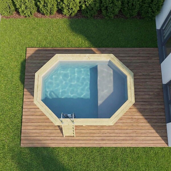 ALTANKA - Piscine hors sol en bois NEMO 4.3 x 3 - H.1.18 m avec plage, gris clair, fixations à visser - BAS7302OSPL2+PLA302 - large