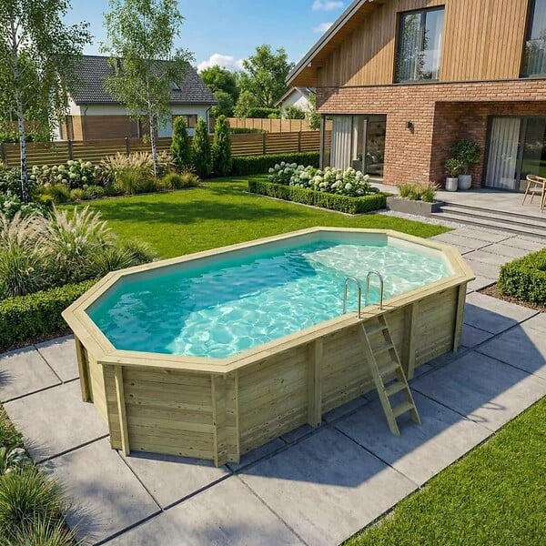 ALTANKA - Piscine hors sol en bois NEMO 7.3 x 3.97 - H.1.45 m avec plage, sable, fixations à sceller - BAS7305OSPI3+PLA305 - large