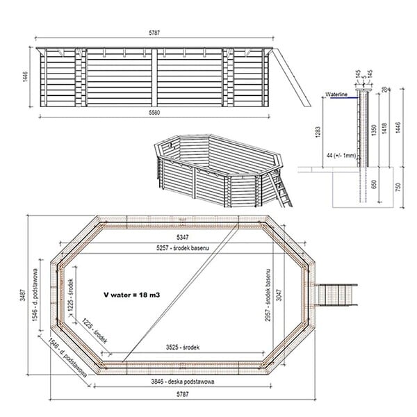 ALTANKA - Piscine hors sol en bois NEMO 5.79 x 3.49 - H.1.45 m, bleu pâle, fixations à sceller - BAS7304OSPI - large