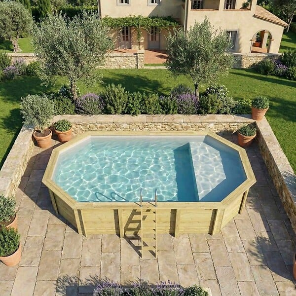 ALTANKA - Piscine hors sol en bois NEMO 7.3 x 3.97 - H.1.45 m avec plage, gris clair, fixations à sceller - BAS7305OSPI2+PLA305 - large