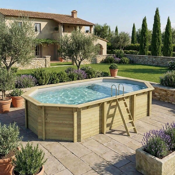 ALTANKA - Piscine hors sol en bois NEMO 7.3 x 3.97 - H.1.45 m avec plage, gris clair, fixations à sceller - BAS7305OSPI2+PLA305 - large