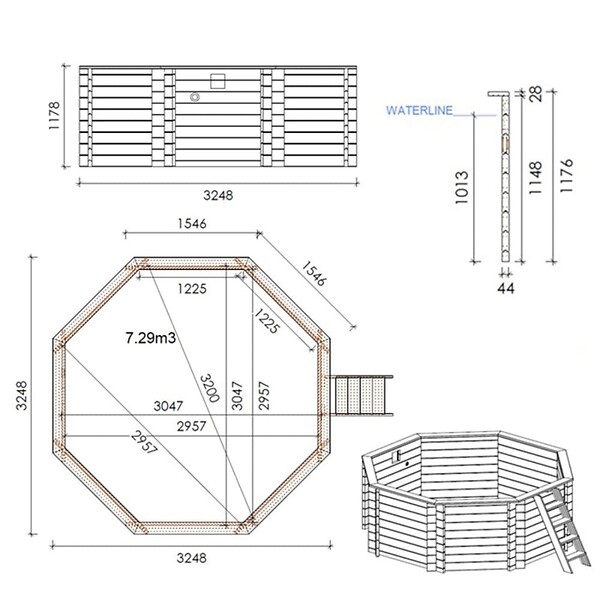 ALTANKA - Piscine hors sol en bois CORAL 3.25 x 3.25 - H.1.18 m, bleu pâle, autoportante - sans dalle - BAS7301OSP - large
