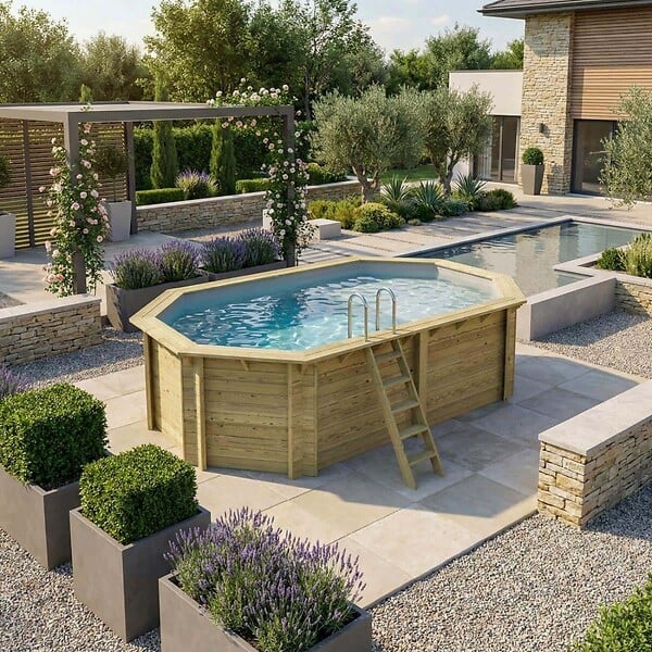 ALTANKA - Piscine hors sol en bois NEMO 5.79 x 3.49 - H.1.45 m avec plage, gris clair, cadre en métal - sans dalle - BAS7304OSPU2+PLA304 - large