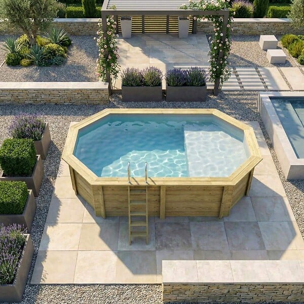 ALTANKA - Piscine hors sol en bois NEMO 5.79 x 3.49 - H.1.45 m avec plage, gris clair, cadre en métal - sans dalle - BAS7304OSPU2+PLA304 - large
