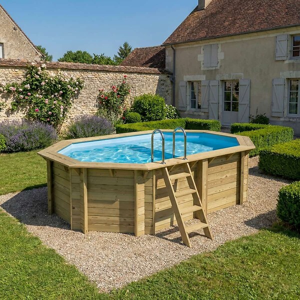 ALTANKA - Piscine hors sol en bois NEMO 4.3 x 3 - H.1.18 m avec plage, bleu pâle, cadre en métal - sans dalle - BAS7302OSPU+PLA302 - large