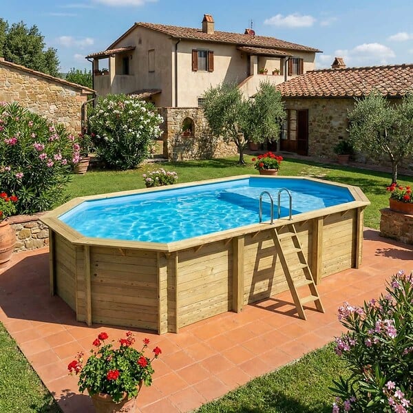 ALTANKA - Piscine hors sol en bois NEMO 7.3 x 3.97 - H.1.45 m avec plage, bleu pâle, fixations à sceller - BAS7305OSPI+PLA305 - large