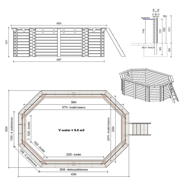 ALTANKA - Piscine hors sol en bois NEMO 4.3 x 3 - H.1.31 m, gris clair, cadre en métal - sans dalle - BAS7303OSPU2 - large