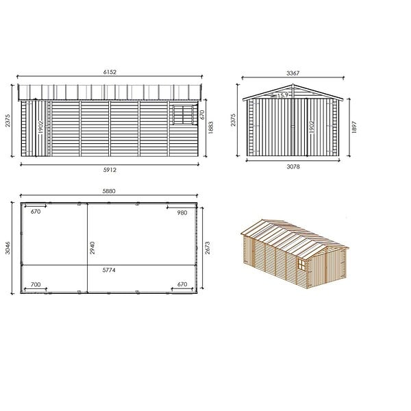 ALTANKA - Garage en bois - 18.19m2 - 3.05x5.91m - Ep. 18mm - couleur: naturel - GAR29 - large