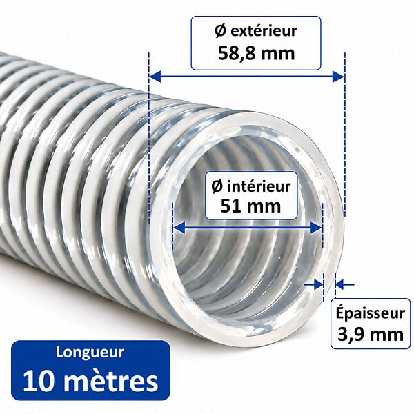 HUGGY TUYAUX - Tuyau d'aspiration ALIFLEX Ø 51 mm - Longueur 10 mètres - large