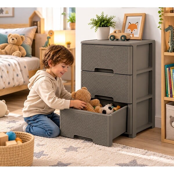 ARTPLAST - Commode de rangement 3 Tiroirs Amovibles Couleur taupe Effet tressé - Meuble de Rangement - Roulettes 39x38,5xH6cm ArtPlast - large
