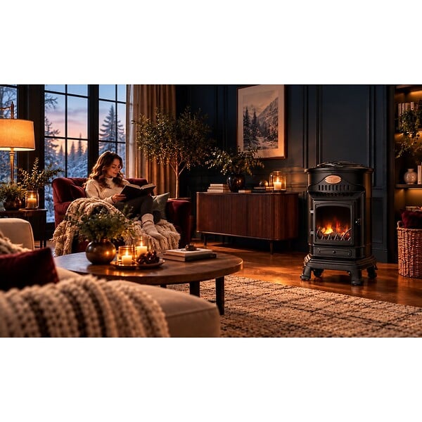 UNIVERSAL - Poêle à gaz 3,4KW NOIR Fonte Véritable Effet feu de bois + Tuyau gaz + Détendeur butane Provence Sahara - large