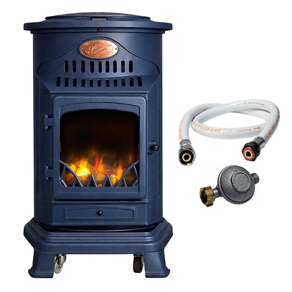 SAHARA - Poele à gaz 3,4KW Bleu Saphir Mat Effet poêle à bois Fonte véritable + Tuyau gaz + détendeur butane Provence Sahara - large