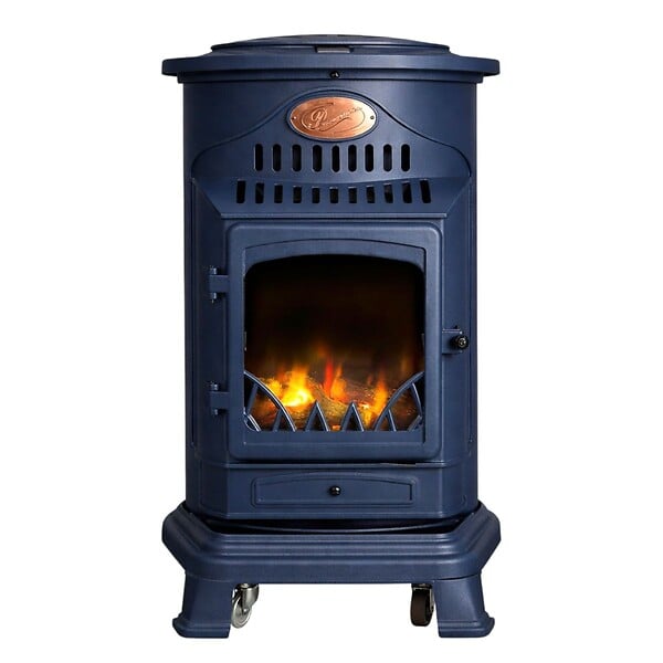 SAHARA - Poêle à gaz 3,4KW Fonte Véritable – Chauffage d'appoint Design Bleu Saphir Mat - Effet feu de bois, sur roues Provence Sahara - large