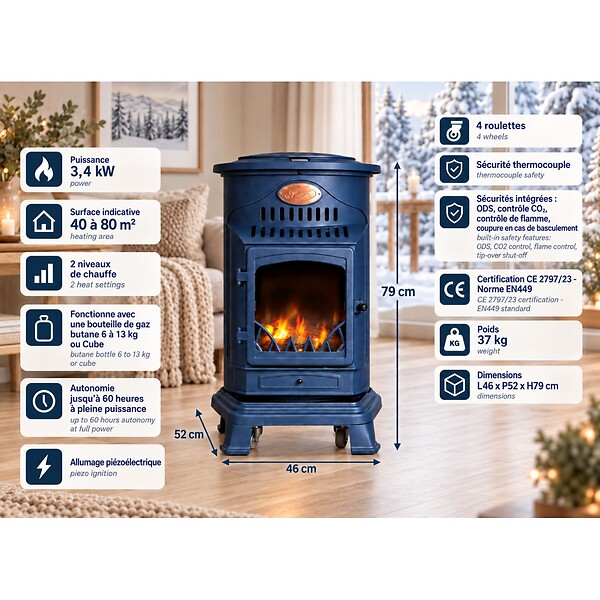 SAHARA - Poêle à gaz 3,4KW Fonte Véritable – Chauffage d'appoint Design Bleu Saphir Mat - Effet feu de bois, sur roues Provence Sahara - large