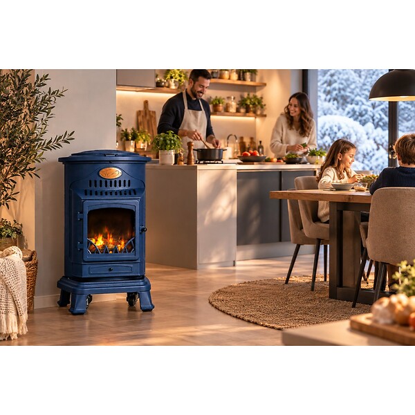 SAHARA - Poêle à gaz 3,4KW Fonte Véritable – Chauffage d'appoint Design Bleu Saphir Mat - Effet feu de bois, sur roues Provence Sahara - large