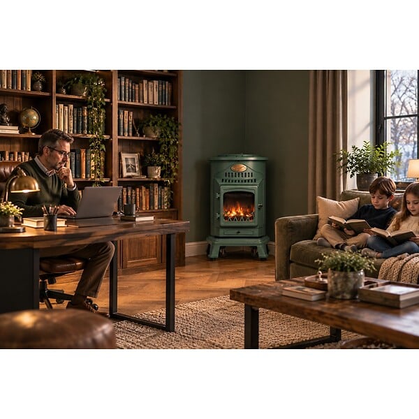 UNIVERSAL - Poêle à gaz Fonte véritable 3.4KW VERT Chauffage à gaz Effet feu de bois Provence Sahara - large