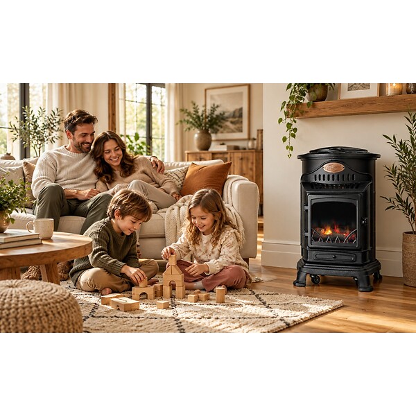 INTEC - Pack de 2 Poêles à gaz Noir Provence en fonte 3,4KW Effet feu Chauffage d'appoint gaz sur roues - large