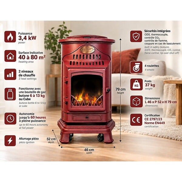 UNIVERSAL - Poêle à gaz Fonte véritable 3.4KW Rouge Chauffage d'appoint au gaz Effet feu de bois Provence Sahara - large