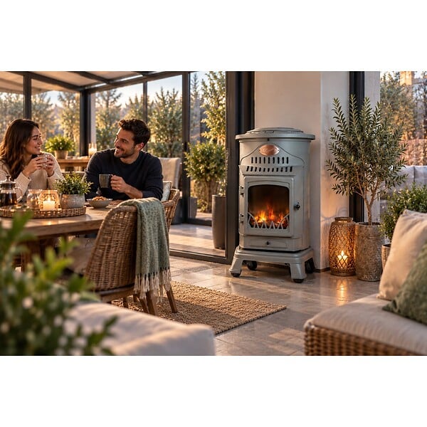 UNIVERSAL - Poêle à gaz Fonte véritable 3.4KW Gris Effet feu de bois Chauffage d'appoint Provence Sahara - large