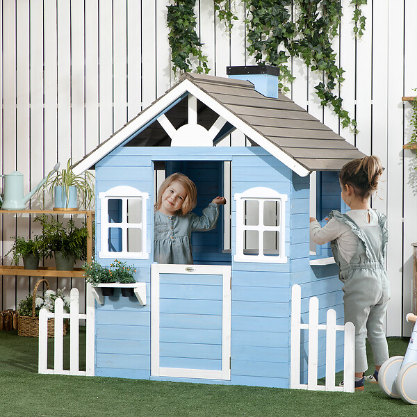 OUTSUNNY - Maison de jeux enfant - jeu plein air maisonnette enfant - dim. 151L x 112l x 142H cm - bois sapin bleu blanc gris - large
