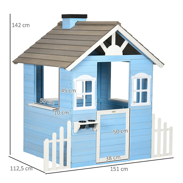 OUTSUNNY - Maison de jeux enfant - jeu plein air maisonnette enfant - dim. 151L x 112l x 142H cm - bois sapin bleu blanc gris - large