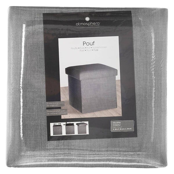 ATMOSPHERA - 2 en 1 Pouf pliant et coffre de rangement Gris clair aspect Lin 38 x 38 cm - large