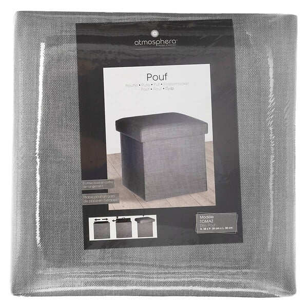 ATMOSPHERA - 2 en 1 Pouf pliant et coffre de rangement Gris clair aspect Lin 38 x 38 cm - large