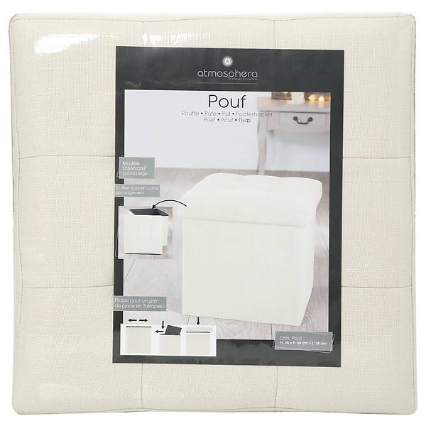 ATMOSPHERA - 2 en 1 Pouf pliant et coffre de rangement Beige aspect Lin 38 x 38 cm - large
