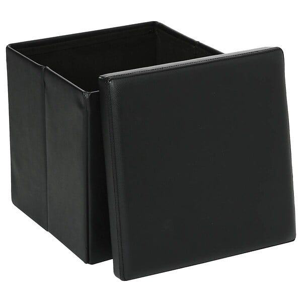 ATMOSPHERA - 2 en 1 Pouf pliant et coffre de rangement Vinyle Noir  38 x H 37.5 cm - large