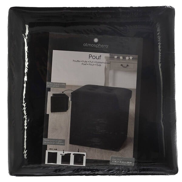 ATMOSPHERA - 2 en 1 Pouf pliant et coffre de rangement Velours Noir 38 x 38 cm - large