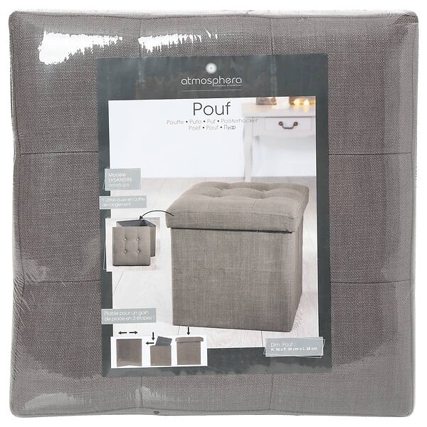 ATMOSPHERA - 2 en 1 Pouf pliant et coffre de rangement Gris Taupe aspect Lin 38 x 38 cm - large