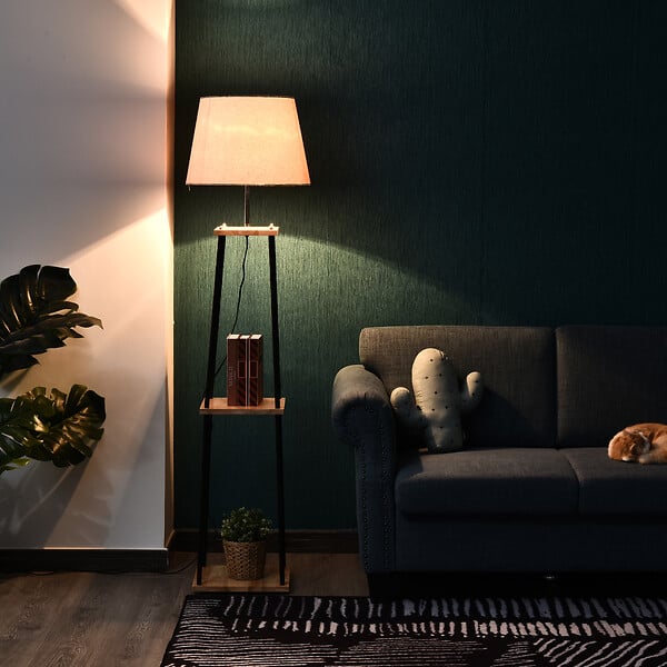 HOMCOM - Lampadaire design contemporain 3 étagères intégrées bois métal noir lin beige H.160 cm - large