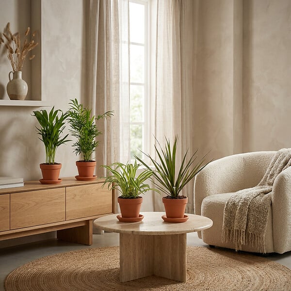 BLOOMIQUE - Lot de 4 - Mélange dépolluant - Dracaena, Dypsis, Chamaedorea, Chlorophytum - H. 20-40 cm - P. 12 cm - large