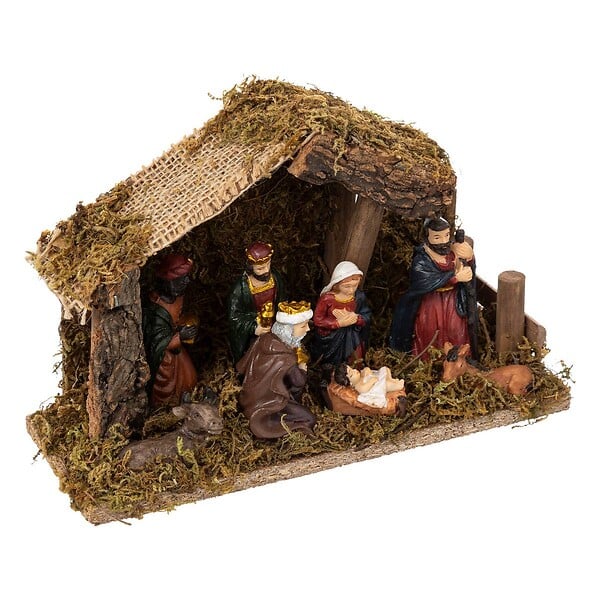 FEERIC LIGHTS & CHRISTMAS - Crèche de Noël à LED avec 7 santons 20x13cm résine et bois - large