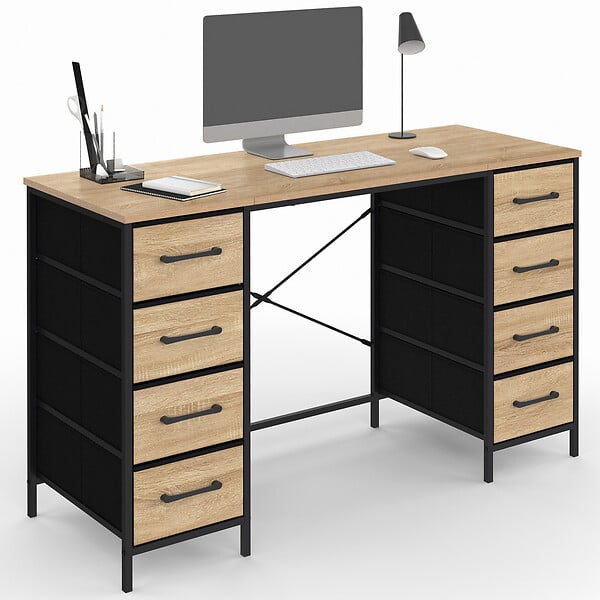 ID MARKET - Bureau 8 tiroirs en tissu 120x45 cm UTAH bois et noir design industriel - large
