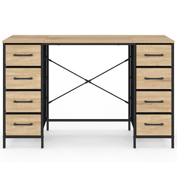 ID MARKET - Bureau 8 tiroirs en tissu 120x45 cm UTAH bois et noir design industriel - large