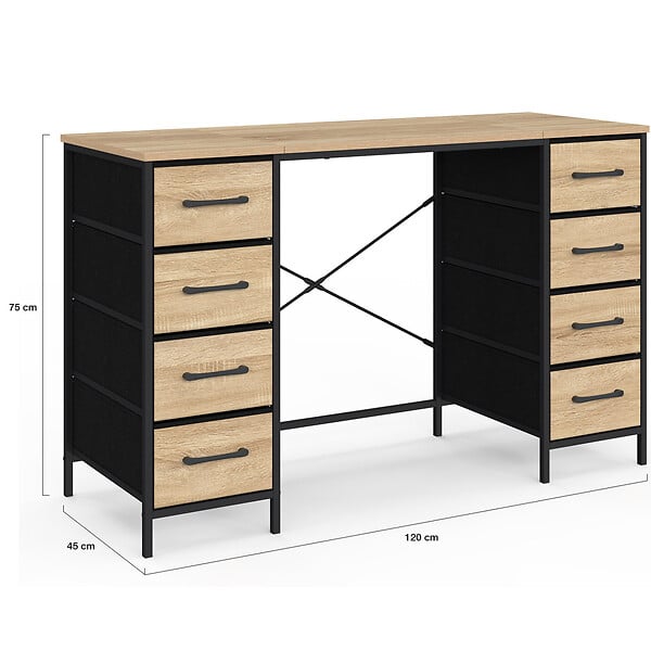 ID MARKET - Bureau 8 tiroirs en tissu 120x45 cm UTAH bois et noir design industriel - large