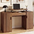 ID MARKET - Bureau plateau relevable 140x50 cm JULIETTE 2 portes lattes tasseau bois effet noyer - vignette