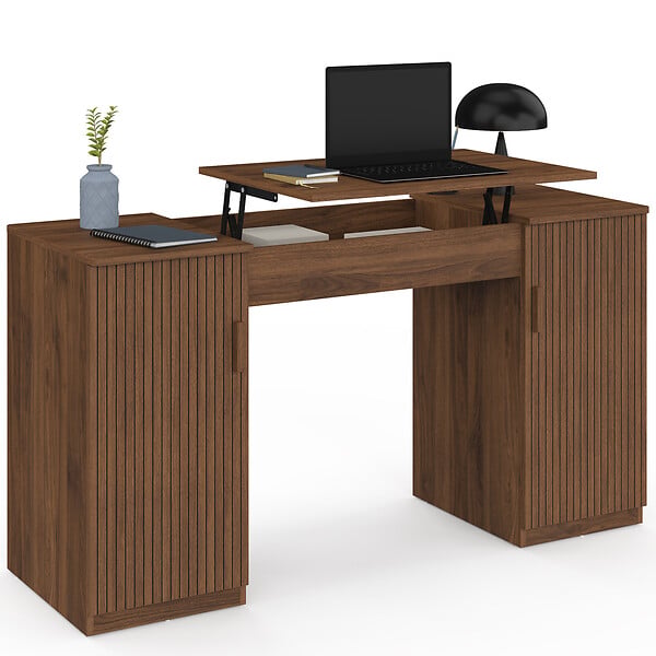 ID MARKET - Bureau plateau relevable 140x50 cm JULIETTE 2 portes lattes tasseau bois effet noyer - large