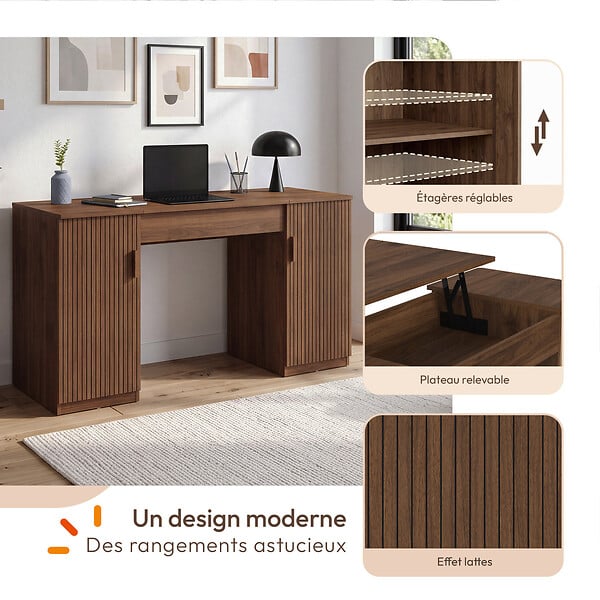 ID MARKET - Bureau plateau relevable 140x50 cm JULIETTE 2 portes lattes tasseau bois effet noyer - large