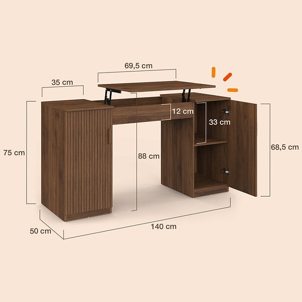 ID MARKET - Bureau plateau relevable 140x50 cm JULIETTE 2 portes lattes tasseau bois effet noyer - large