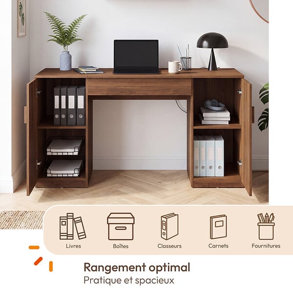 ID MARKET - Bureau plateau relevable 140x50 cm JULIETTE 2 portes lattes tasseau bois effet noyer - large