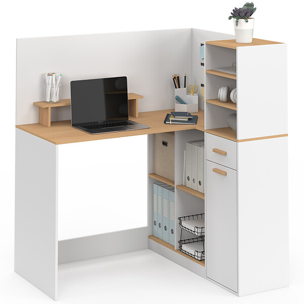 ID MARKET - Bureau d'angle CHARLES 1 porte, niches et tiroir avec support écran blanc et bois façon hêtre - large