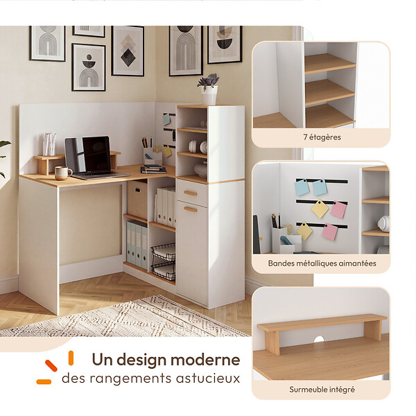 ID MARKET - Bureau d'angle CHARLES 1 porte, niches et tiroir avec support écran blanc et bois façon hêtre - large