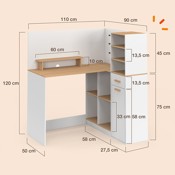 ID MARKET - Bureau d'angle CHARLES 1 porte, niches et tiroir avec support écran blanc et bois façon hêtre - large